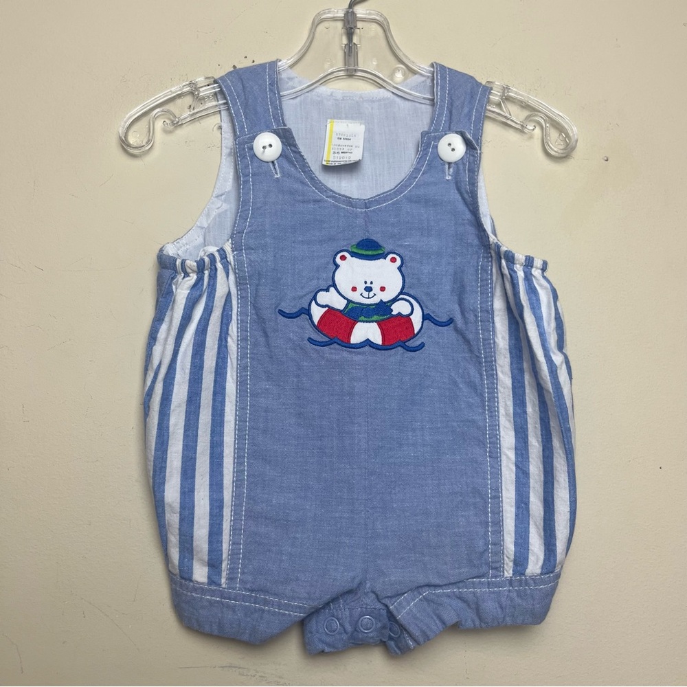 Vintage Shortalls Bear Raft Swimming Embroidered Romper Outfit Size 3-6 months
